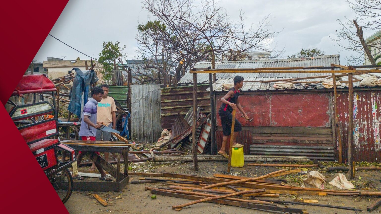 A flooded village in Madagascar after Cyclone in February 2026, showing submerged houses and displaced residents.
